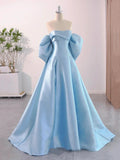 Blue Satin Floor Length Prom Dress with Bow, Beautiful A-Line Party Dress HZ1024
