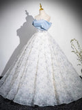 Blue Tulle Printing Floor Length Prom Dress, Off the Shoulder Backless Evening Dress HZ1024