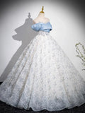Blue Tulle Printing Floor Length Prom Dress, Off the Shoulder Backless Evening Dress HZ1024