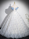 Blue Tulle Printing Floor Length Prom Dress, Off the Shoulder Backless Evening Dress HZ1024