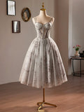 Gray Tulle Sequins Short A-Line Prom Dress, Lovely Spaghetti Strap Evening Party Dress HZ1024