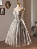 Gray Tulle Sequins Short A-Line Prom Dress, Lovely Spaghetti Strap Evening Party Dress HZ1024
