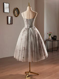 Gray Tulle Sequins Short A-Line Prom Dress, Lovely Spaghetti Strap Evening Party Dress HZ1024