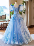 Blue Appliques Lace Flower Floor Length Prom Dresses, Beautiful V-Neck Short Sleeve Evening Dress HZ1024
