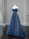 Previous Next Nave Tulle Floor Length Prom Dress, Beautiful Off the Shoulder Backless Evening Dress HZ1024