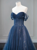Previous Next Nave Tulle Floor Length Prom Dress, Beautiful Off the Shoulder Backless Evening Dress HZ1024
