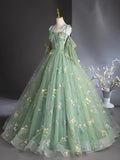 Green Floral Tulle Long Prom Dress, Beautiful A-Line Evening Formal Dress HZ1024