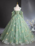 Green Floral Tulle Long Prom Dress, Beautiful A-Line Evening Formal Dress HZ1024