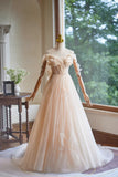 Champagne Tulle Floor Length Prom Dress, A-Line Sleeveless Backless Evening Party Dress HZ1024