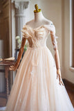 Champagne Tulle Floor Length Prom Dress, A-Line Sleeveless Backless Evening Party Dress HZ1024