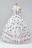 White Cherry Floor Length Prom Dresses, A-Line Ruffle Tulle Spaghetti Straps Princess Evening Dresses HZ1024