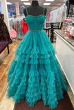A-Line Tiered Ruffle Sweetheart Beaded Long Prom Dress, Turquoise Evening Party Dress HZ1024