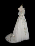 A-Line Tulle Floral Lace Long Prom Dress, White Off the Shoulder Evening Party Dress HZ1024