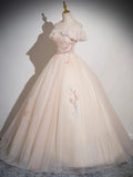 Champagne Tulle Floor Length Prom Dress, Off the Shoulder Evening Party Dress HZ1024