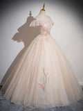 Champagne Tulle Floor Length Prom Dress, Off the Shoulder Evening Party Dress HZ1024