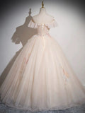Champagne Tulle Floor Length Prom Dress, Off the Shoulder Evening Party Dress HZ1024