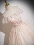 Champagne Tulle Floor Length Prom Dress, Off the Shoulder Evening Party Dress HZ1024