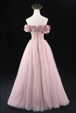 A-Line Tulle Beaded Floor Length Prom Dress, Lovely Off the Shoulder Evening Party Dress HZ1024