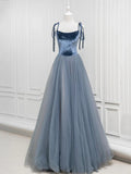 A-Line Velvet Tulle Long Prom Dress, Gray Blue Spaghetti Strap Evening Party Dress HZ1024
