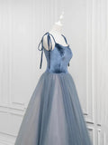 A-Line Velvet Tulle Long Prom Dress, Gray Blue Spaghetti Strap Evening Party Dress HZ1024