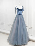 A-Line Velvet Tulle Long Prom Dress, Gray Blue Spaghetti Strap Evening Party Dress HZ1024