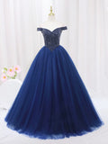 Blue Tulle Beaded Long Prom Dress, Off the Shoulder Evening Party Dress HZ1024