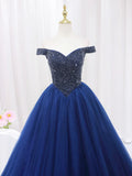 Blue Tulle Beaded Long Prom Dress, Off the Shoulder Evening Party Dress HZ1024