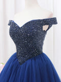Blue Tulle Beaded Long Prom Dress, Off the Shoulder Evening Party Dress HZ1024