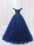 Blue Tulle Beaded Long Prom Dress, Off the Shoulder Evening Party Dress HZ1024