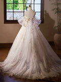 A-Line Tulle Floral Floor Length Prom Dress, Off the Shoulder Formal Party Dress HZ1024