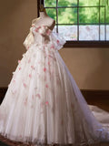 A-Line Tulle Floral Floor Length Prom Dress, Off the Shoulder Formal Party Dress HZ1024