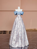 Blue Satin and Floral Pattern Floor Length Prom Dress, Off the Shoulder Evening Party Dress HZ1024