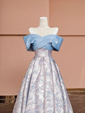 Blue Satin and Floral Pattern Floor Length Prom Dress, Off the Shoulder Evening Party Dress HZ1024