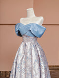 Blue Satin and Floral Pattern Floor Length Prom Dress, Off the Shoulder Evening Party Dress HZ1024