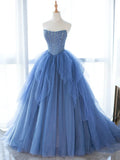 Blue Strapless Tulle Sequins Long Prom Dress, Beautiful A-Line Formal Party Dress HZ1024