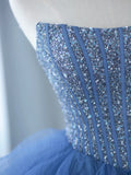 Blue Strapless Tulle Sequins Long Prom Dress, Beautiful A-Line Formal Party Dress HZ1024