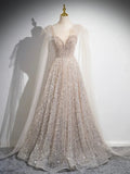 Champagne Tulle Sequins Long Prom Dress, Sparkling A-Line Evening Party Dress HZ1024