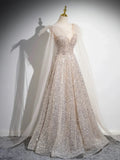 Champagne Tulle Sequins Long Prom Dress, Sparkling A-Line Evening Party Dress HZ1024