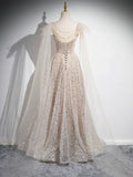 Champagne Tulle Sequins Long Prom Dress, Sparkling A-Line Evening Party Dress HZ1024