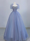 Blue Tulle Beaded Floor Length Prom Dress, A-Line Short Sleeve Evening Party Dress HZ1024