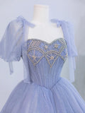 Blue Tulle Beaded Floor Length Prom Dress, A-Line Short Sleeve Evening Party Dress HZ1024