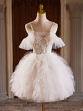 A-Line Tulle Layers Short Prom Dress, Light Champagne Spaghetti Strap Party Dress HZ1024