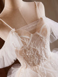 A-Line Tulle Layers Short Prom Dress, Light Champagne Spaghetti Strap Party Dress HZ1024