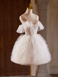 A-Line Tulle Layers Short Prom Dress, Light Champagne Spaghetti Strap Party Dress HZ1024