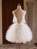 A-Line Tulle Layers Short Prom Dress, Light Champagne Spaghetti Strap Party Dress HZ1024