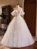 A-Line Tulle Layers Long Prom Dress, Ivory Spaghetti Strap Sweet 16 Dress Evening Dress HZ1024