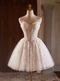 Champagne Strapless Tulle Sequins Short Prom Dress, Lovely Sweetheart Homecoming Party Dress HZ1024