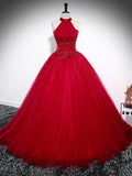 Previous Next Red A-Line Halter Long Prom Dress, Red Backless Evening Formal Dress HZ1024