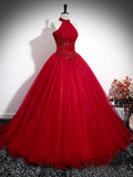 Previous Next Red A-Line Halter Long Prom Dress, Red Backless Evening Formal Dress HZ1024