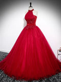 Previous Next Red A-Line Halter Long Prom Dress, Red Backless Evening Formal Dress HZ1024